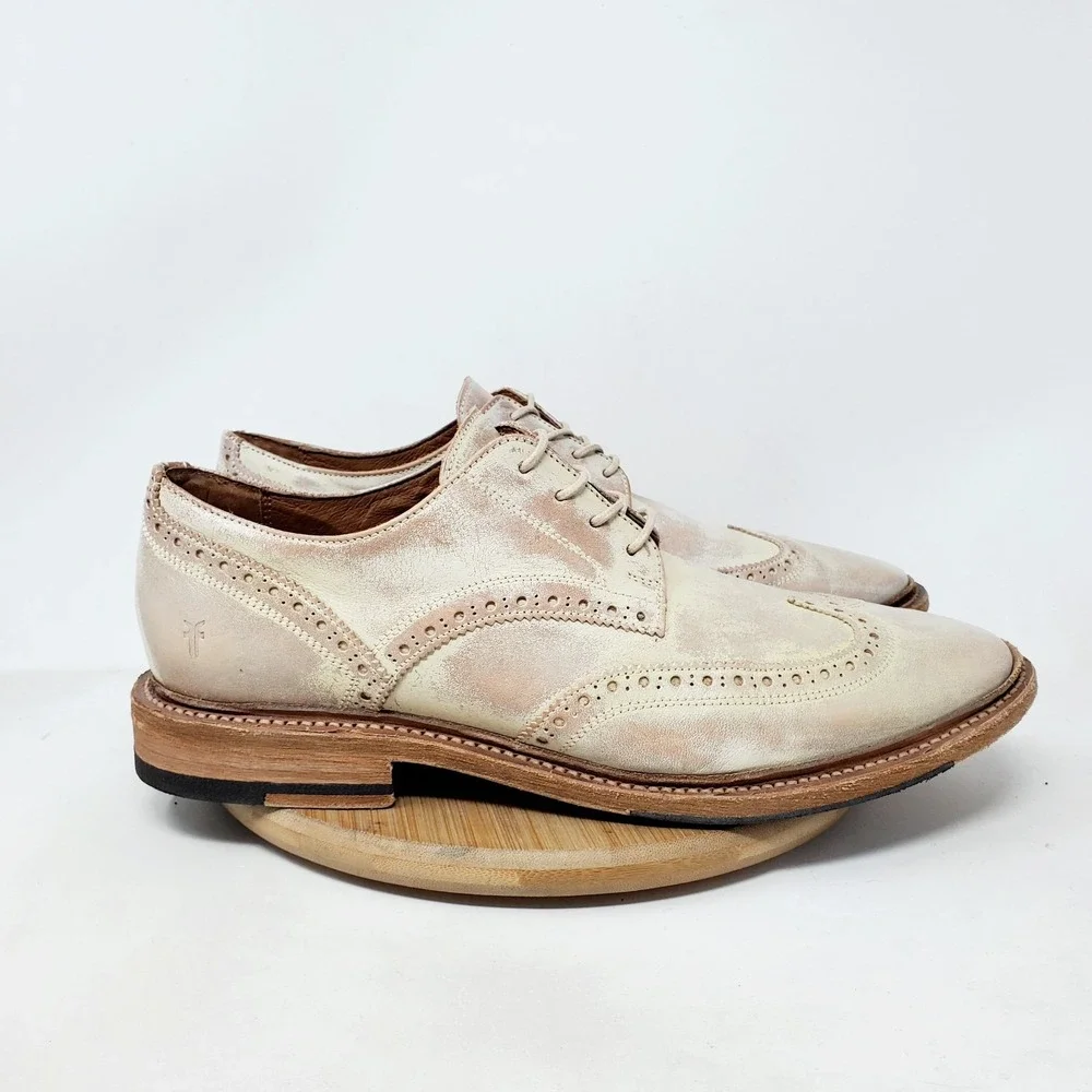 Frye Shoes Mens 9.5 D Paul Whitewash Leather Wingtip Brogue Oxford Mexico
